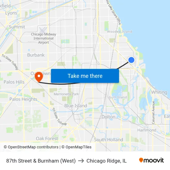 87th Street & Burnham (West) to Chicago Ridge, IL map