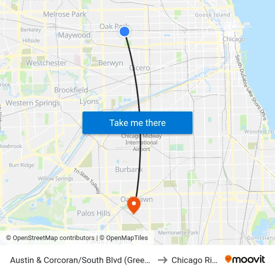 Austin & Corcoran/South Blvd (Green Line) (North) to Chicago Ridge, IL map