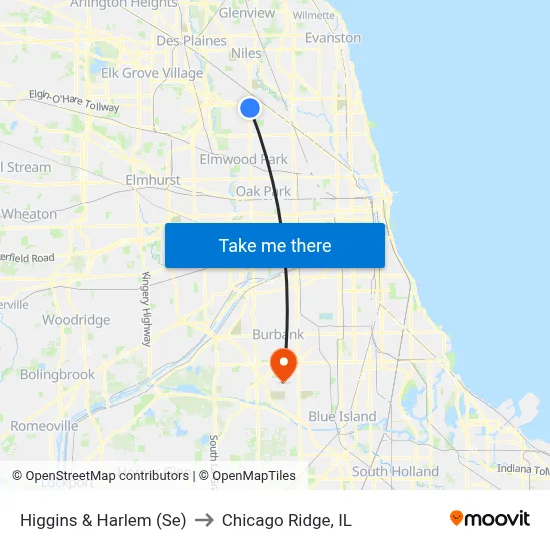 Higgins & Harlem (Se) to Chicago Ridge, IL map