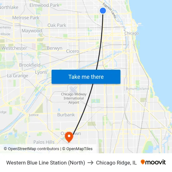 Western Blue Line Station (North) to Chicago Ridge, IL map