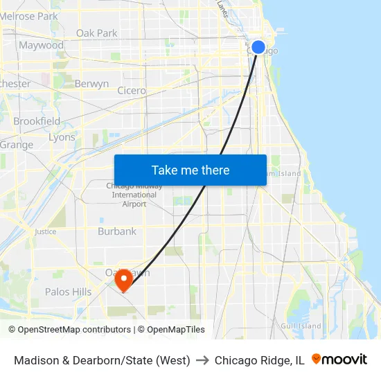 Madison & Dearborn/State (West) to Chicago Ridge, IL map