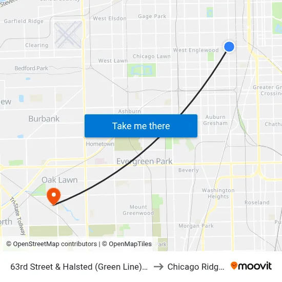 63rd Street & Halsted (Green Line) (East) to Chicago Ridge, IL map