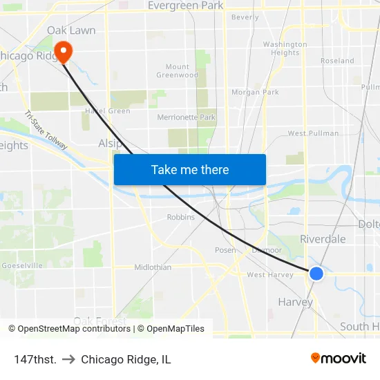 147thst. to Chicago Ridge, IL map