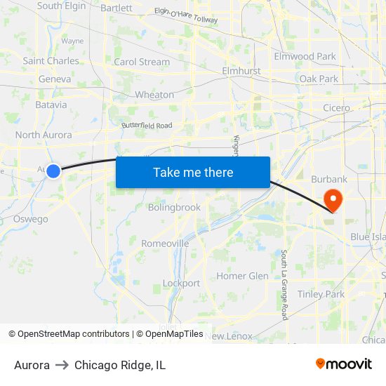 Aurora to Chicago Ridge, IL map
