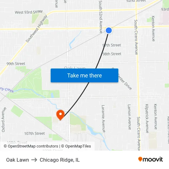 Oak Lawn to Chicago Ridge, IL map