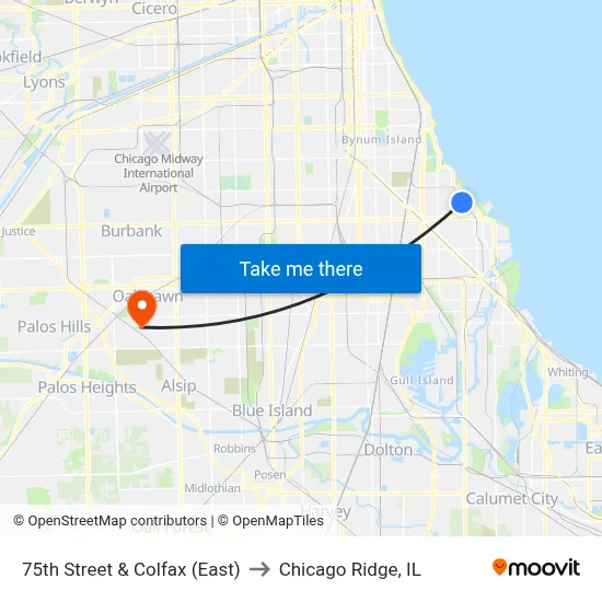 75th Street & Colfax (East) to Chicago Ridge, IL map