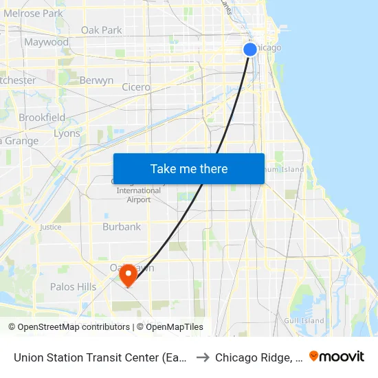Union Station Transit Center (East) to Chicago Ridge, IL map