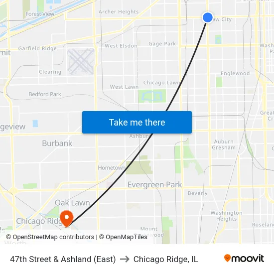 47th Street & Ashland (East) to Chicago Ridge, IL map