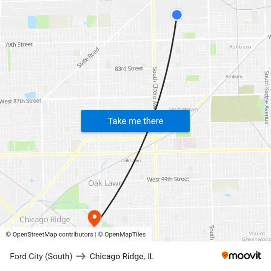 Ford City (South) to Chicago Ridge, IL map