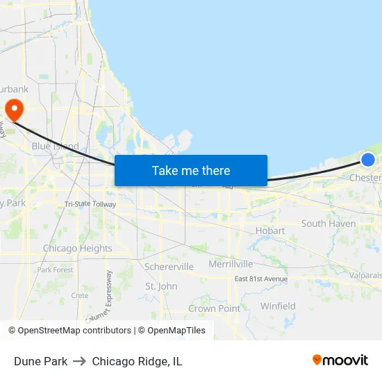 Dune Park to Chicago Ridge, IL map