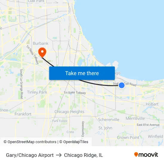 Gary/Chicago Airport to Chicago Ridge, IL map