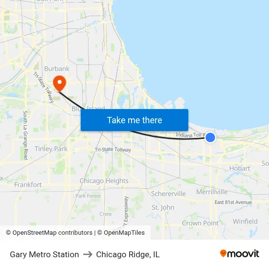 Gary Metro Station to Chicago Ridge, IL map