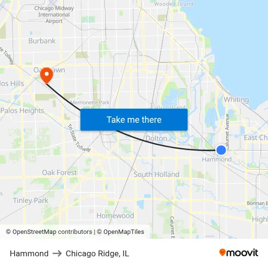 Hammond to Chicago Ridge, IL map