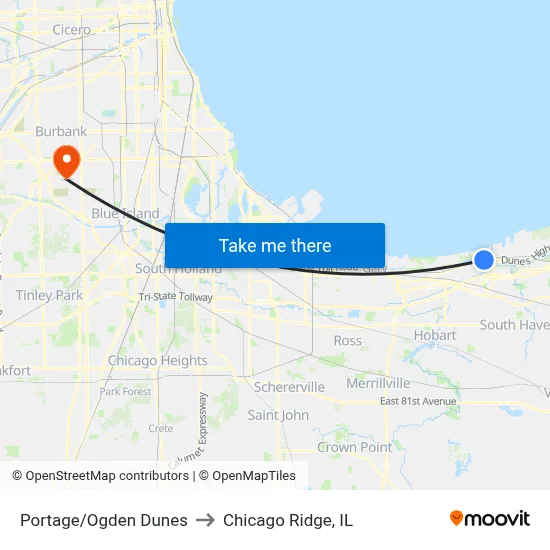 Portage/Ogden Dunes to Chicago Ridge, IL map