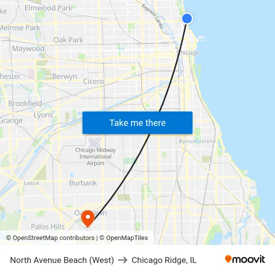North Avenue Beach (West) to Chicago Ridge, IL map