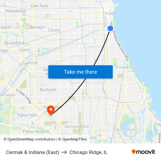 Cermak & Indiana (East) to Chicago Ridge, IL map