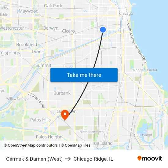 Cermak & Damen (West) to Chicago Ridge, IL map