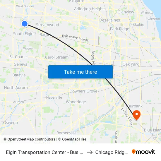 Elgin Transportation Center - Bus Stop A to Chicago Ridge, IL map