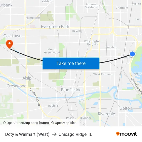 Doty & Walmart (West) to Chicago Ridge, IL map