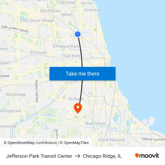 Jefferson Park Transit Center to Chicago Ridge, IL map