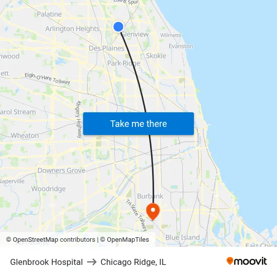 Glenbrook Hospital to Chicago Ridge, IL map