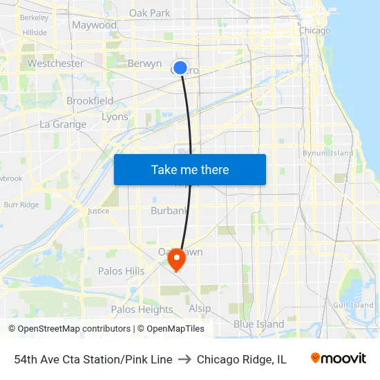 54th Ave Cta Station/Pink Line to Chicago Ridge, IL map
