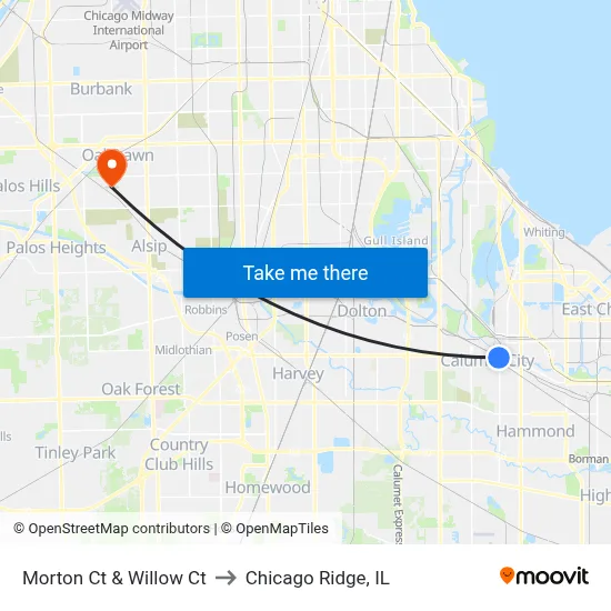 Morton Ct & Willow Ct to Chicago Ridge, IL map