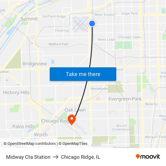 Midway Cta Station to Chicago Ridge, IL map