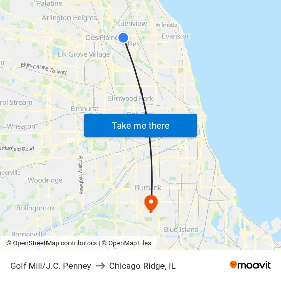 Golf Mill/J.C. Penney to Chicago Ridge, IL map