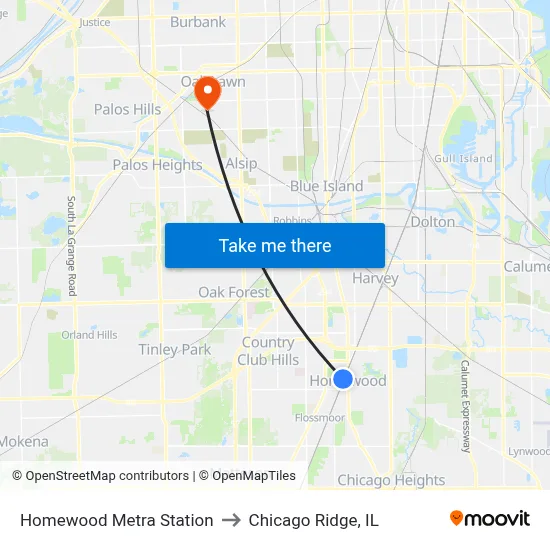 Homewood Metra Station to Chicago Ridge, IL map