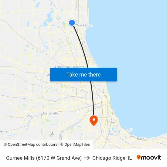 Gurnee Mills (6170 W Grand Ave) to Chicago Ridge, IL map