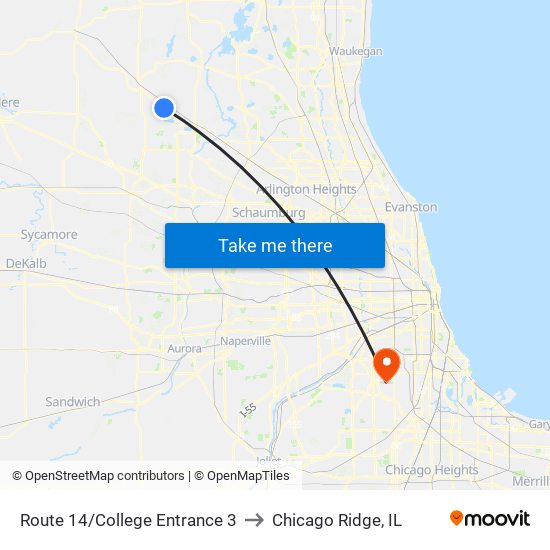 Route 14/College Entrance 3 to Chicago Ridge, IL map