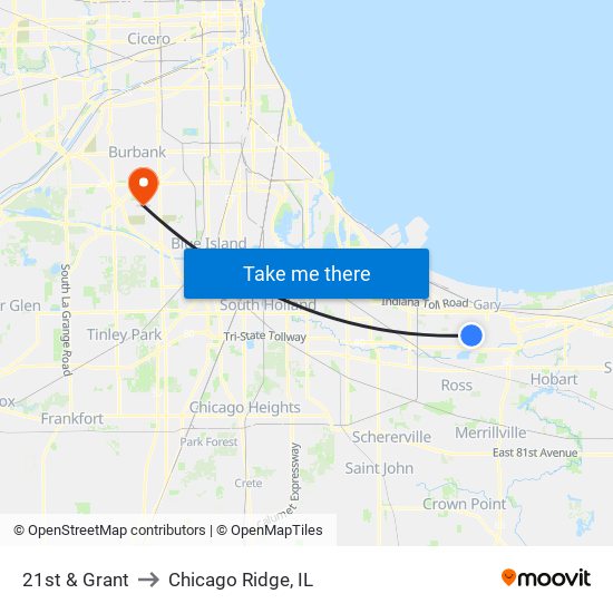 21st & Grant to Chicago Ridge, IL map