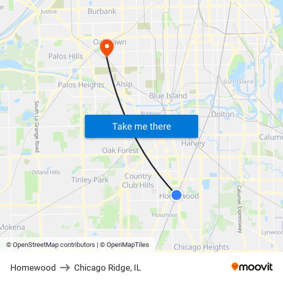 Homewood to Chicago Ridge, IL map