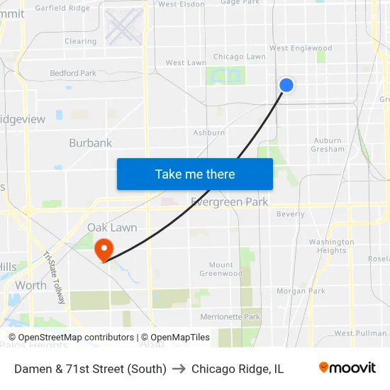 Damen & 71st Street (South) to Chicago Ridge, IL map