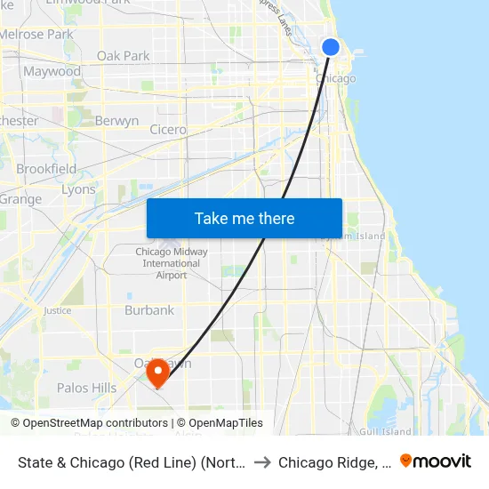 State & Chicago (Red Line) (North) to Chicago Ridge, IL map