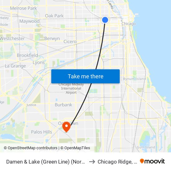 Damen & Lake (Green Line) (North) to Chicago Ridge, IL map