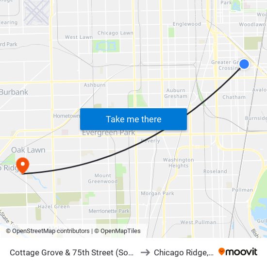 Cottage Grove & 75th Street (South) to Chicago Ridge, IL map