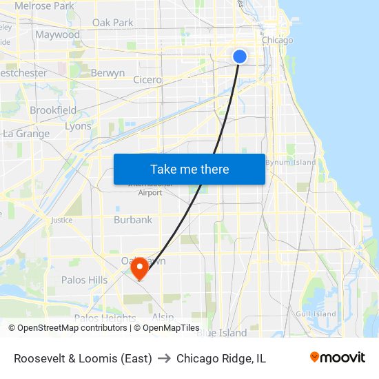 Roosevelt & Loomis (East) to Chicago Ridge, IL map