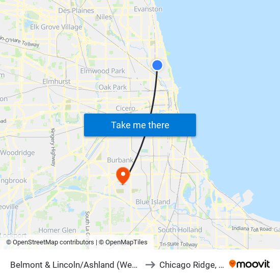 Belmont & Lincoln/Ashland (West) to Chicago Ridge, IL map