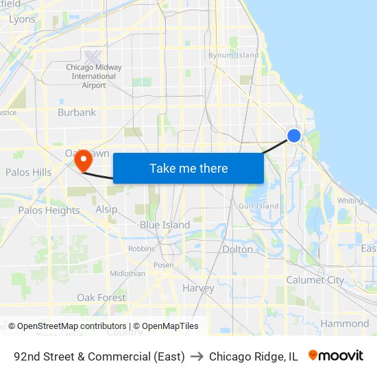 92nd Street & Commercial (East) to Chicago Ridge, IL map