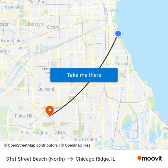 31st Street Beach (North) to Chicago Ridge, IL map