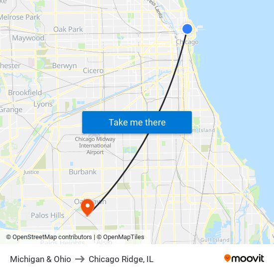 Michigan & Ohio to Chicago Ridge, IL map