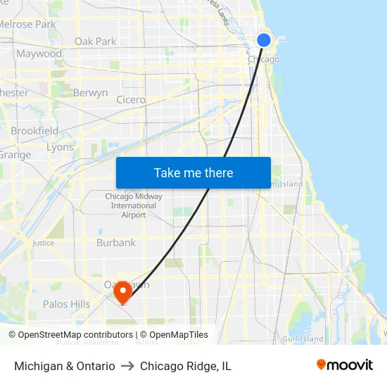 Michigan & Ontario to Chicago Ridge, IL map