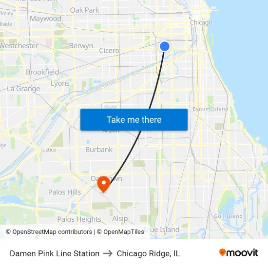 Damen Pink Line Station to Chicago Ridge, IL map