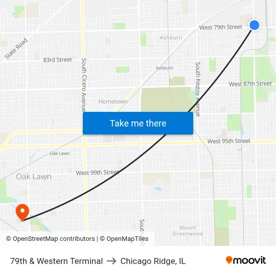 79th & Western Terminal to Chicago Ridge, IL map