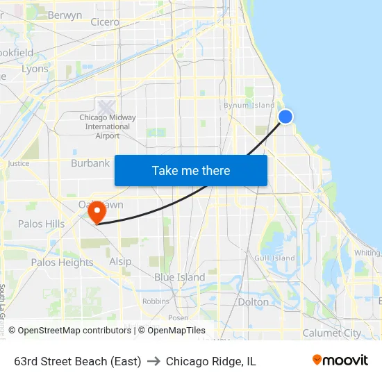 63rd Street Beach (East) to Chicago Ridge, IL map
