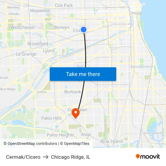 Cermak/Cicero to Chicago Ridge, IL map