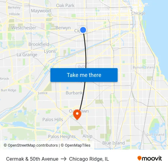 Cermak & 50th Avenue to Chicago Ridge, IL map