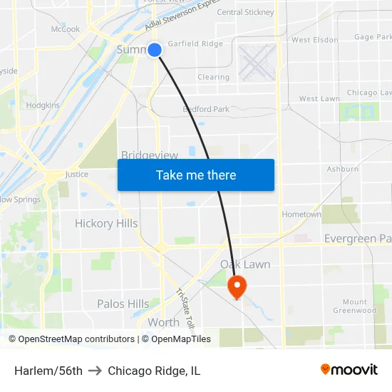 Harlem/56th to Chicago Ridge, IL map